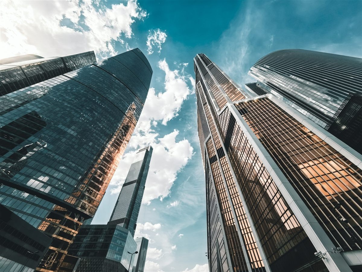 Wide-angle view standing between skyscrapers